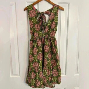 House of Harlow 1960 Linen Blend Halter Mini Dress S Floral Plunge Neck Tie Back